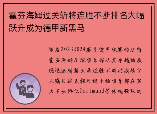 霍芬海姆过关斩将连胜不断排名大幅跃升成为德甲新黑马